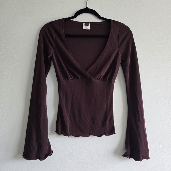 PSSST Tops - Y2K Elegant Brown V-Neck Women's Top S